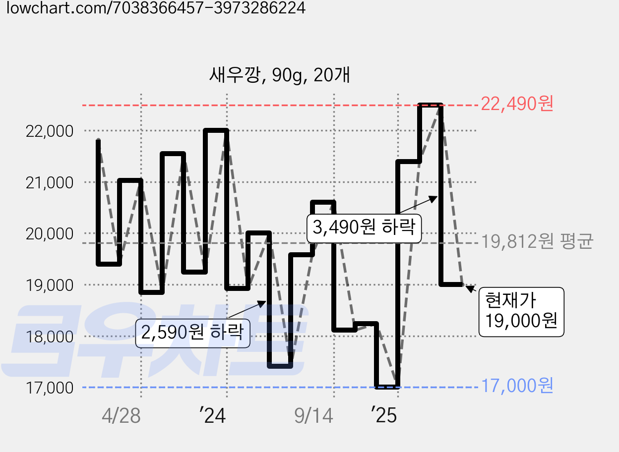 새우깡, 90g, 20개 가격 변동 차트, 현재가 19,000원, 관측 최저가 15,810원