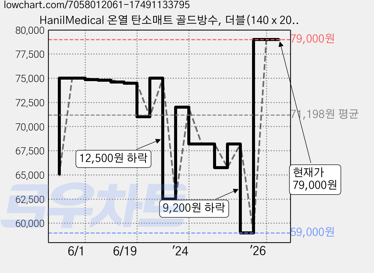 HanilMedical 온열 탄소매트 골드방수, 더블(140 x 200 cm) 가격 변동 차트, 현재가 79,000원, 관측 최저가 58,900원