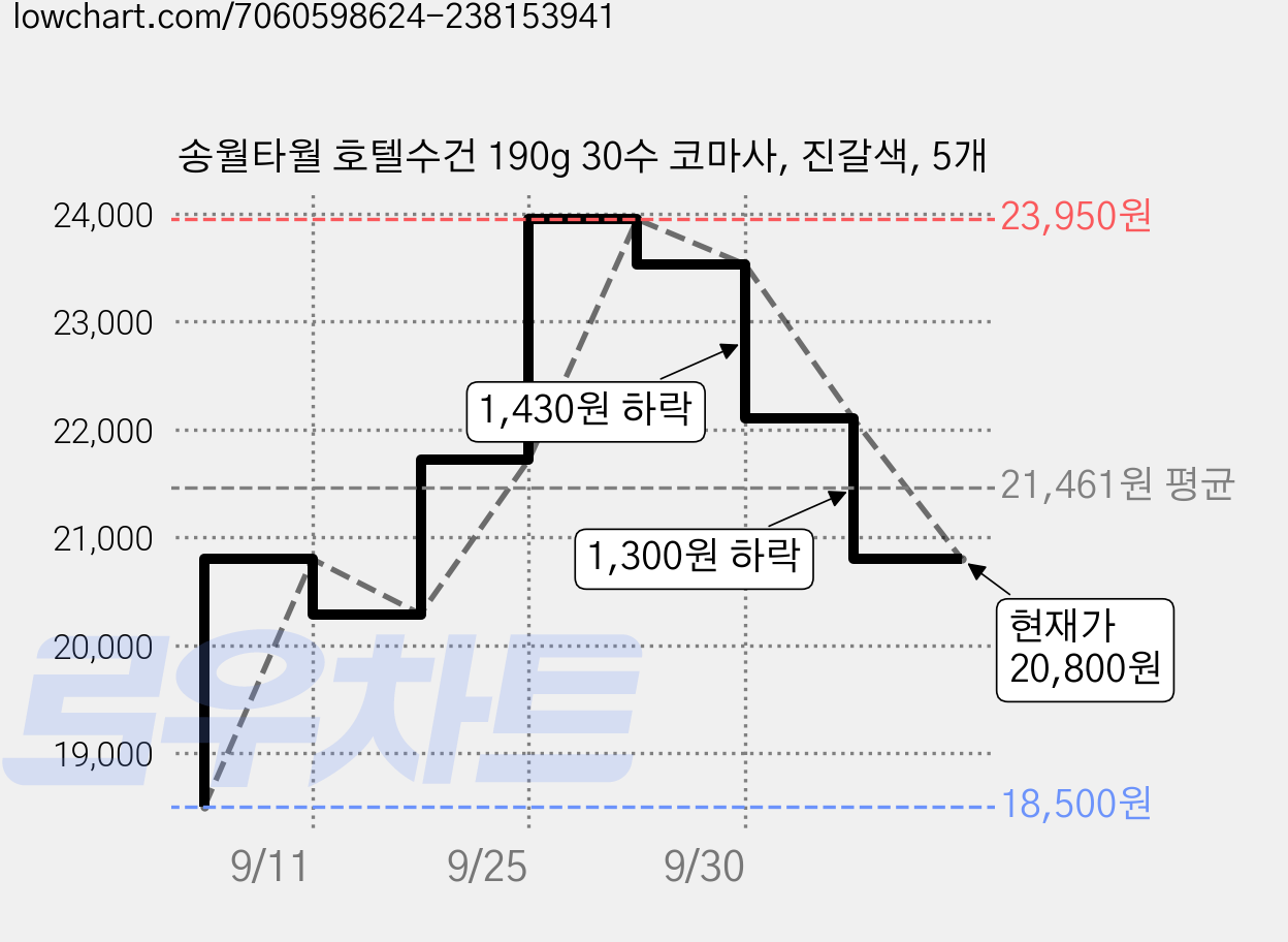 송월타월 호텔수건 190g 30수 코마사, 진갈색, 5개 가격 변동 차트, 현재가 20,800원, 관측 최저가 18,500원