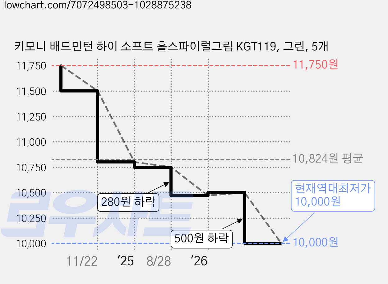 키모니 배드민턴 하이 소프트 홀스파이럴그립 KGT119, 그린, 5개 가격 변동 차트, 현재가 10,000원, 역대최저가