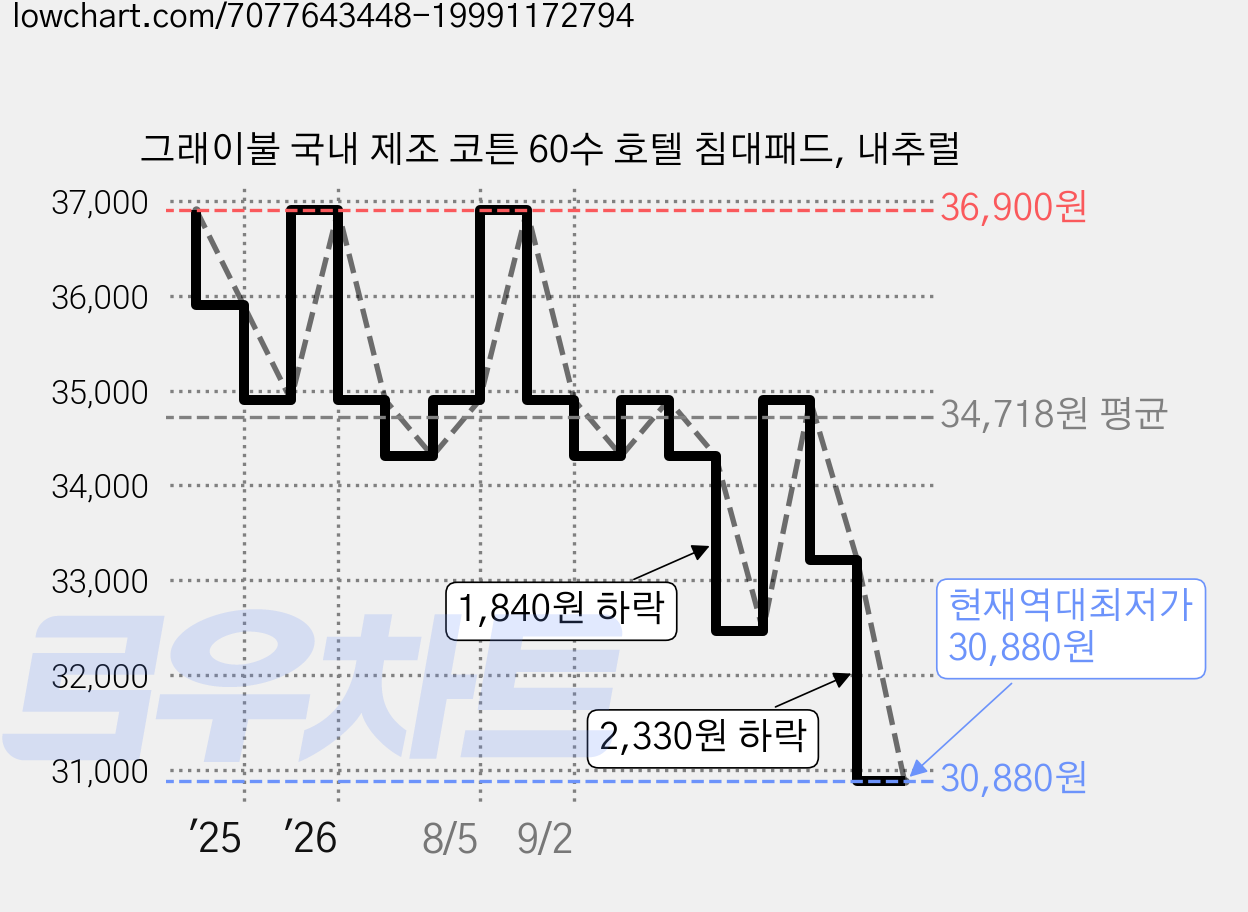 그래이불 국내 제조 코튼 60수 호텔 침대패드, 내추럴 가격 변동 차트, 현재가 30,880원, 역대최저가