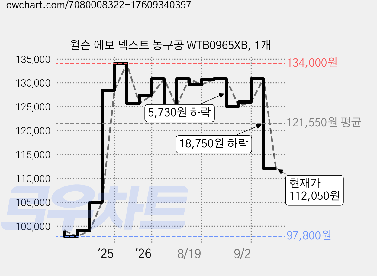 윌슨 에보 넥스트 농구공 WTB0965XB, 1개 가격 변동 차트, 현재가 114,750원, 관측 최저가 97,800원