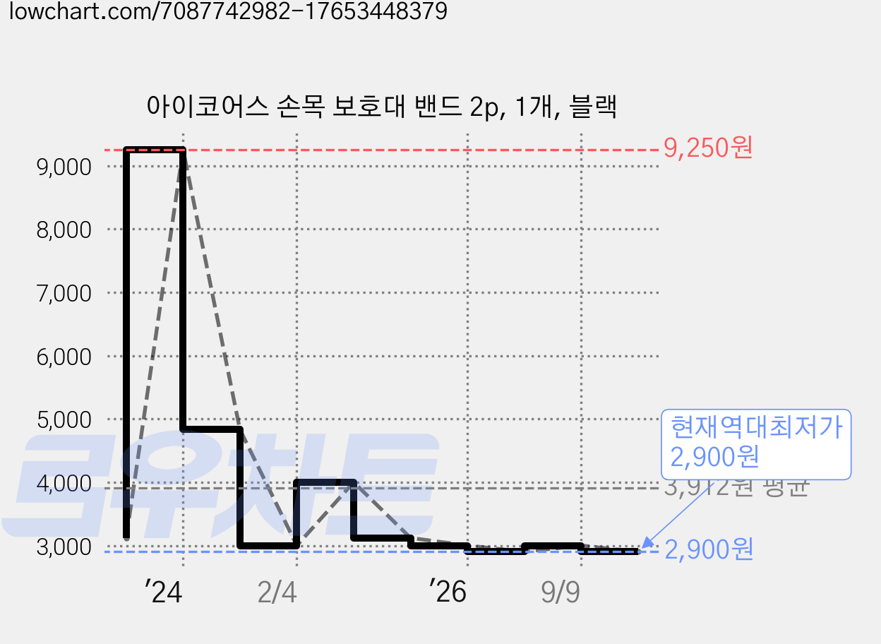 아이코어스 손목 보호대 밴드 2p, 1개, 블랙 가격 변동 차트, 현재가 2,900원, 역대최저가
