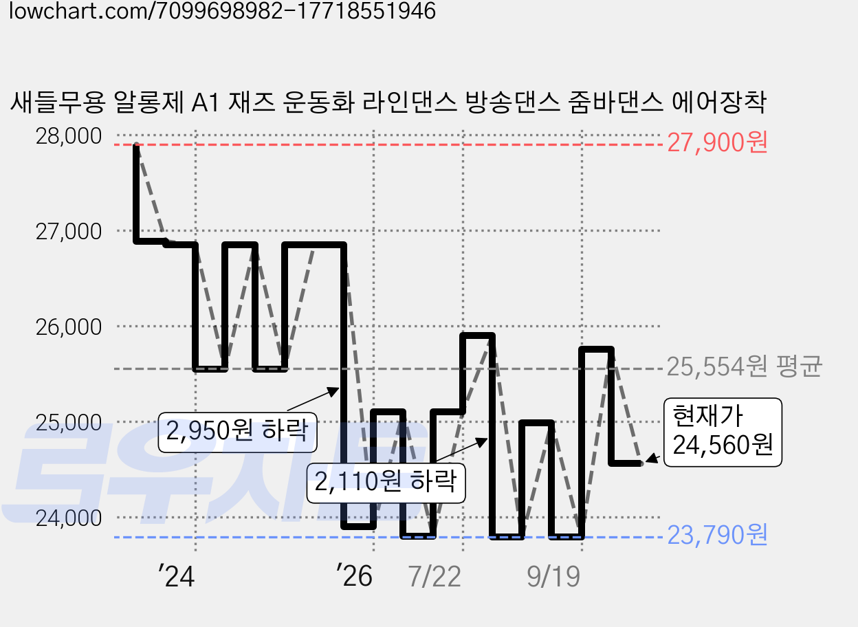 새들무용 알롱제 A1 재즈 운동화 라인댄스 방송댄스 줌바댄스 에어장착 가격 변동 차트, 현재가 24,560원, 관측 최저가 23,790원