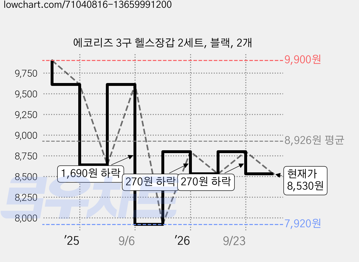 에코리즈 3구 헬스장갑 2세트, 블랙, 2개 가격 변동 차트, 현재가 8,530원, 관측 최저가 7,920원