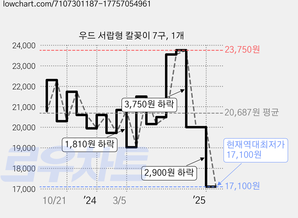 우드 서랍형 칼꽂이 7구, 1개 가격 변동 차트, 현재가 17,100원, 역대최저가