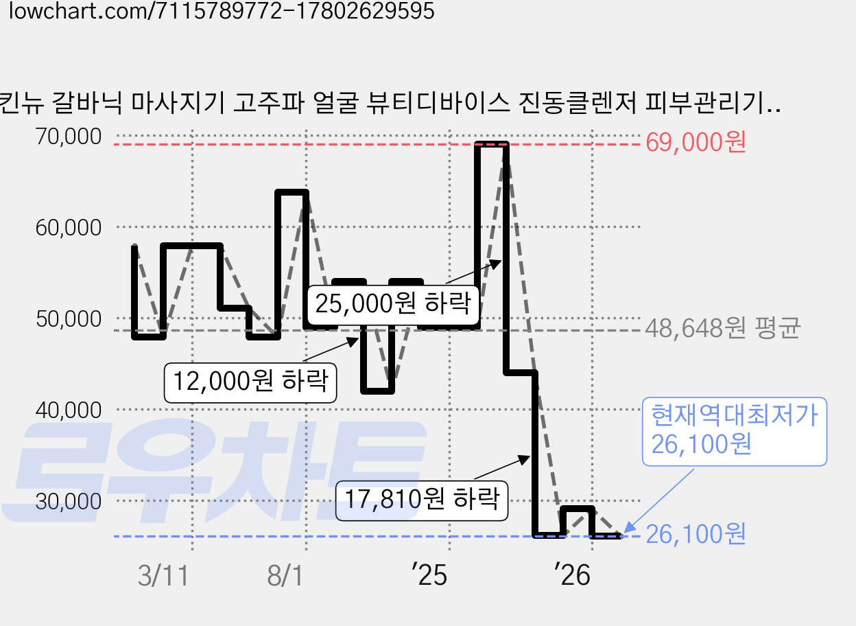 스킨뉴 갈바닉 마사지기 고주파 얼굴 뷰티디바이스 진동클렌저 피부관리기, SN-GM100 가격 변동 차트, 현재가 26,100원, 역대최저가