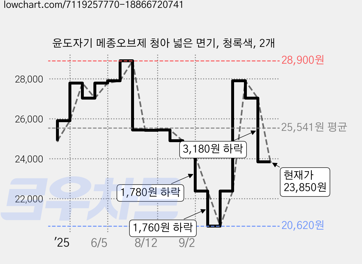 윤도자기 메종오브제 청아 넓은 면기, 청록색, 2개 가격 변동 차트, 현재가 23,850원, 관측 최저가 20,620원