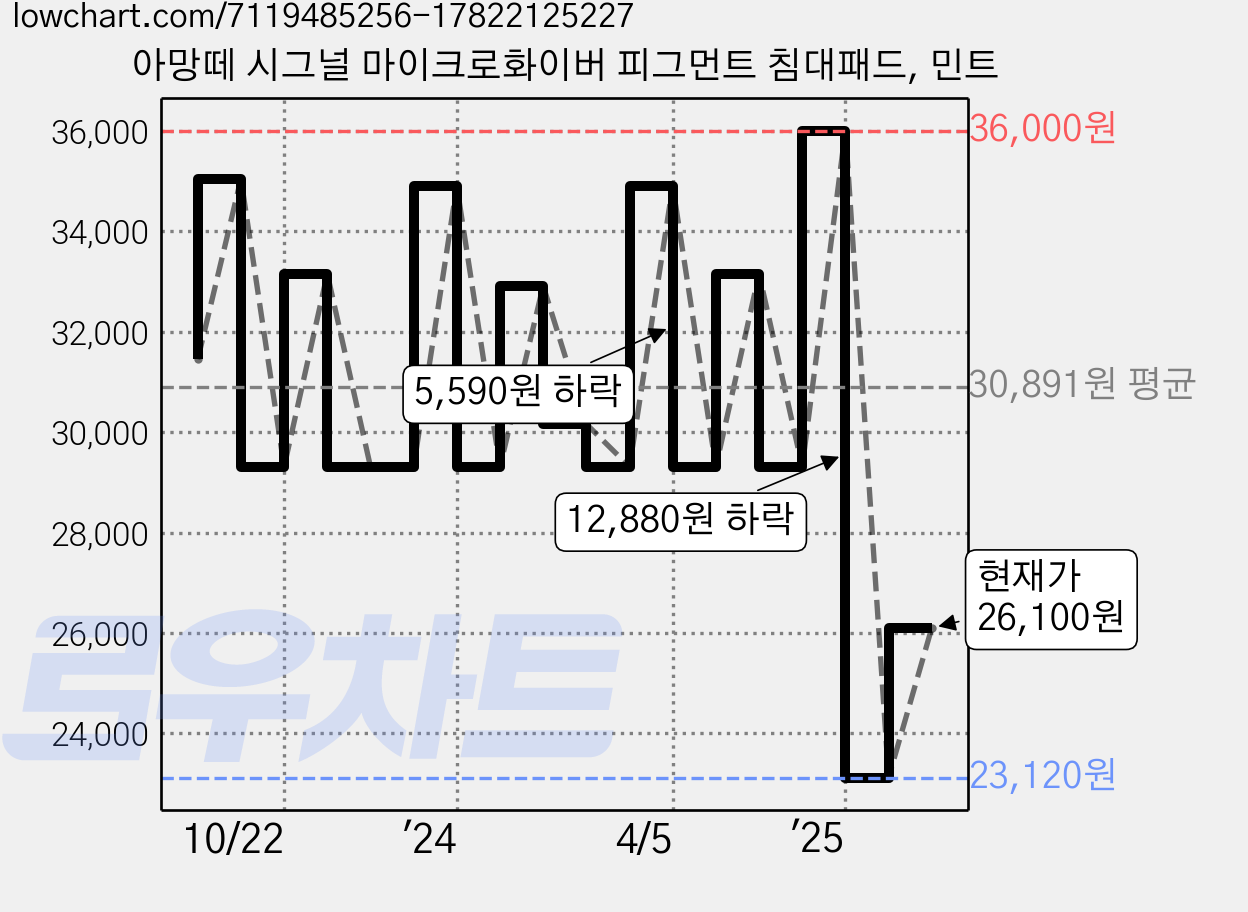 아망떼 시그널 마이크로화이버 피그먼트 침대패드, 민트 가격 변동 차트, 현재가 26,100원, 관측 최저가 23,120원