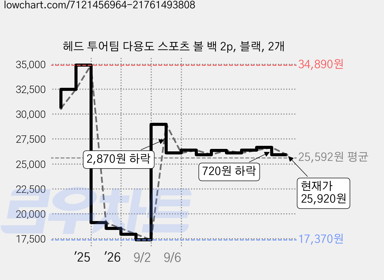 헤드 투어팀 다용도 스포츠 볼 백 2p, 블랙, 2개 가격 변동 차트, 현재가 25,920원, 관측 최저가 17,370원