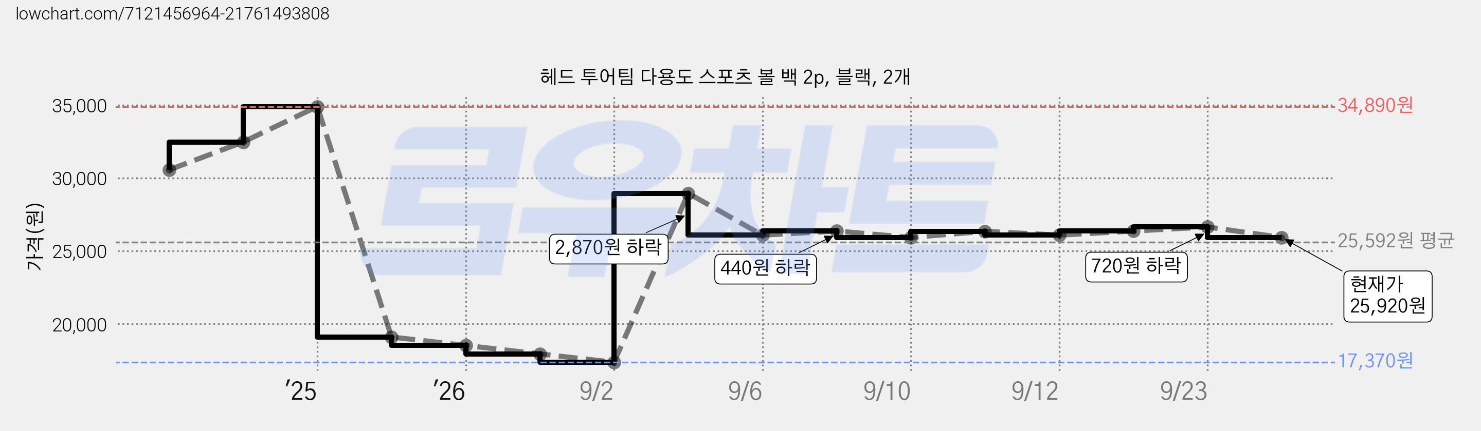 헤드 투어팀 다용도 스포츠 볼 백 2p, 블랙, 2개 가격 변동 차트, 현재가 25,920원, 관측 최저가 17,370원