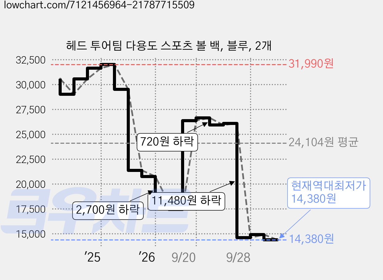 헤드 투어팀 다용도 스포츠 볼 백, 블루, 2개 가격 변동 차트, 현재가 14,380원, 역대최저가
