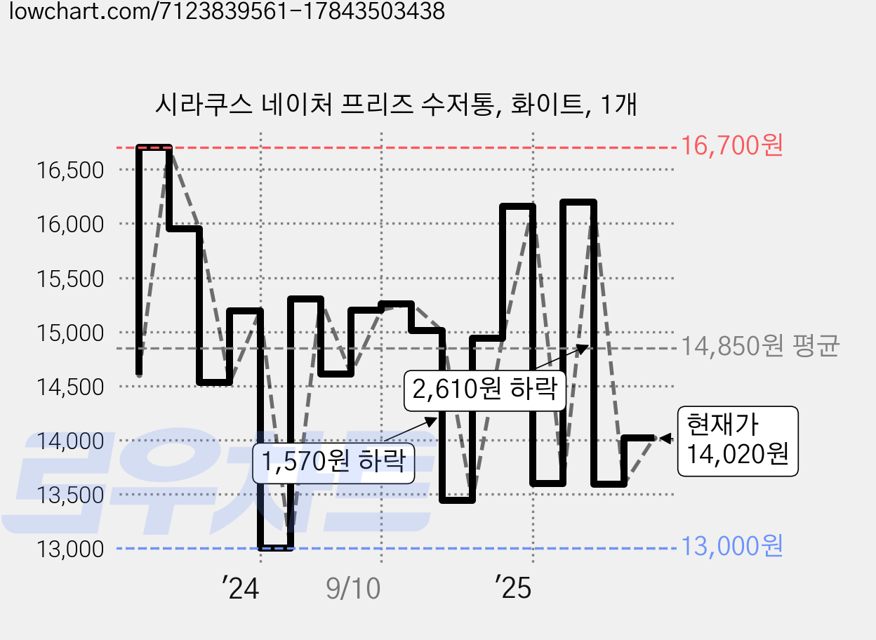 시라쿠스 네이처 프리즈 수저통, 화이트, 1개 가격 변동 차트, 현재가 14,020원, 관측 최저가 13,000원