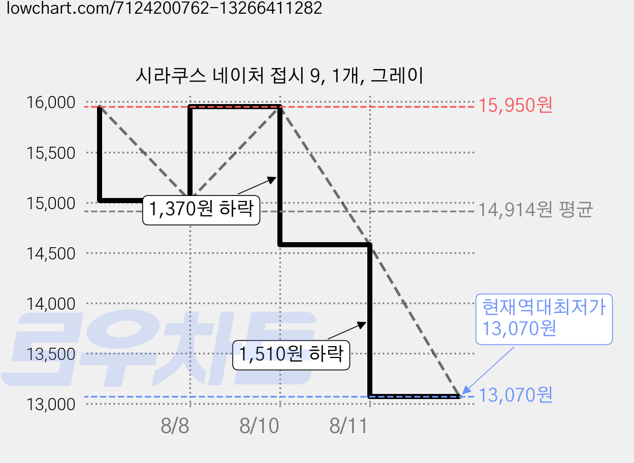 시라쿠스 네이처 접시 9, 1개, 그레이 가격 변동 차트, 현재가 13,070원, 역대최저가