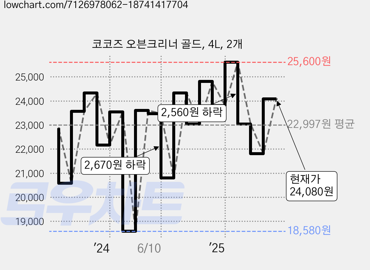 코코즈 오븐크리너 골드, 4L, 2개 가격 변동 차트, 현재가 24,080원, 관측 최저가 18,580원