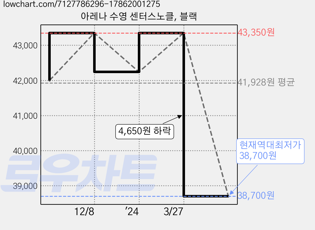 아레나 수영 센터스노클, 블랙 가격 변동 차트, 현재가 38,700원, 역대최저가