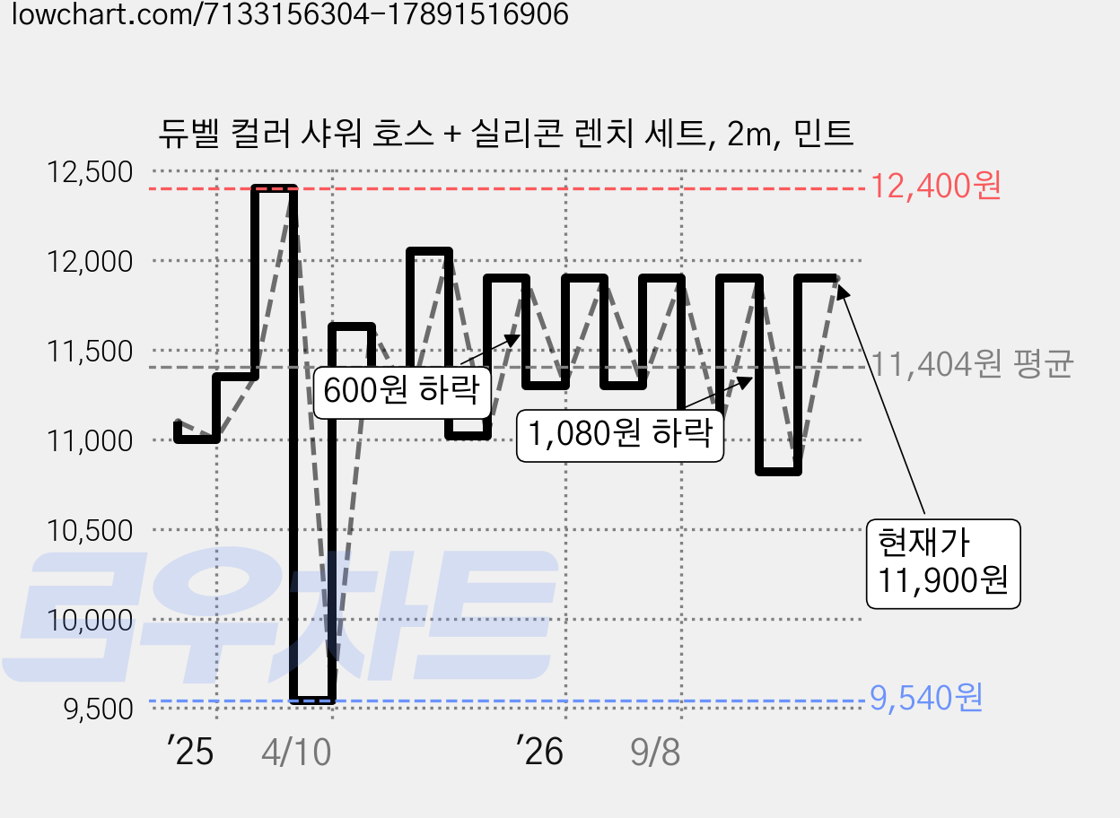 듀벨 컬러 샤워 호스 + 실리콘 렌치 세트, 2m, 민트 가격 변동 차트, 현재가 11,060원, 관측 최저가 9,540원