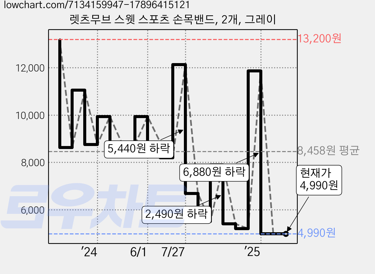 렛츠무브 스웻 스포츠 손목밴드, 2개, 그레이 가격 변동 차트, 현재가 4,990원, 관측 최저가 4,490원