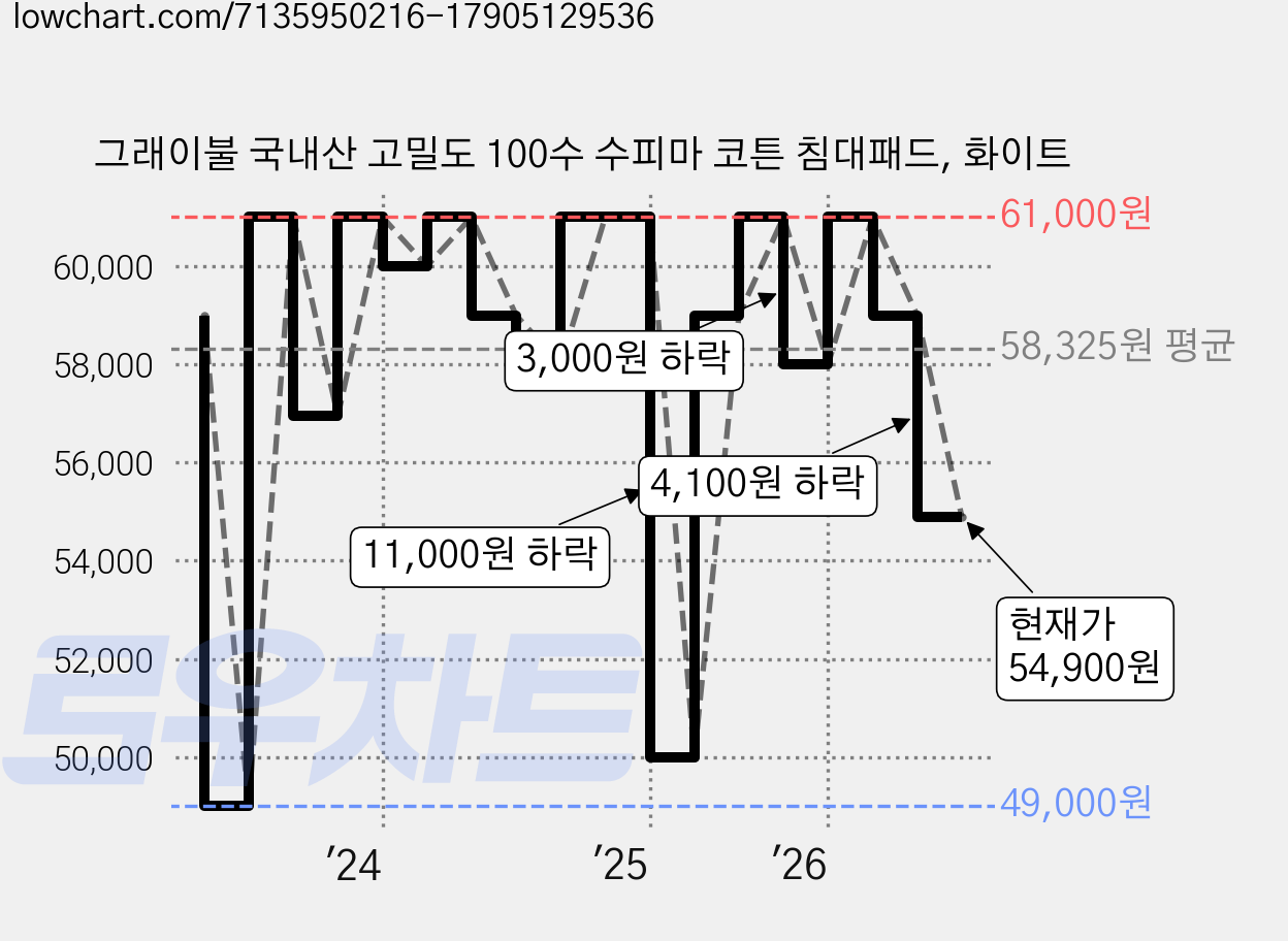 그래이불 국내산 고밀도 100수 수피마 코튼 침대패드, 화이트 가격 변동 차트, 현재가 54,900원, 관측 최저가 49,000원