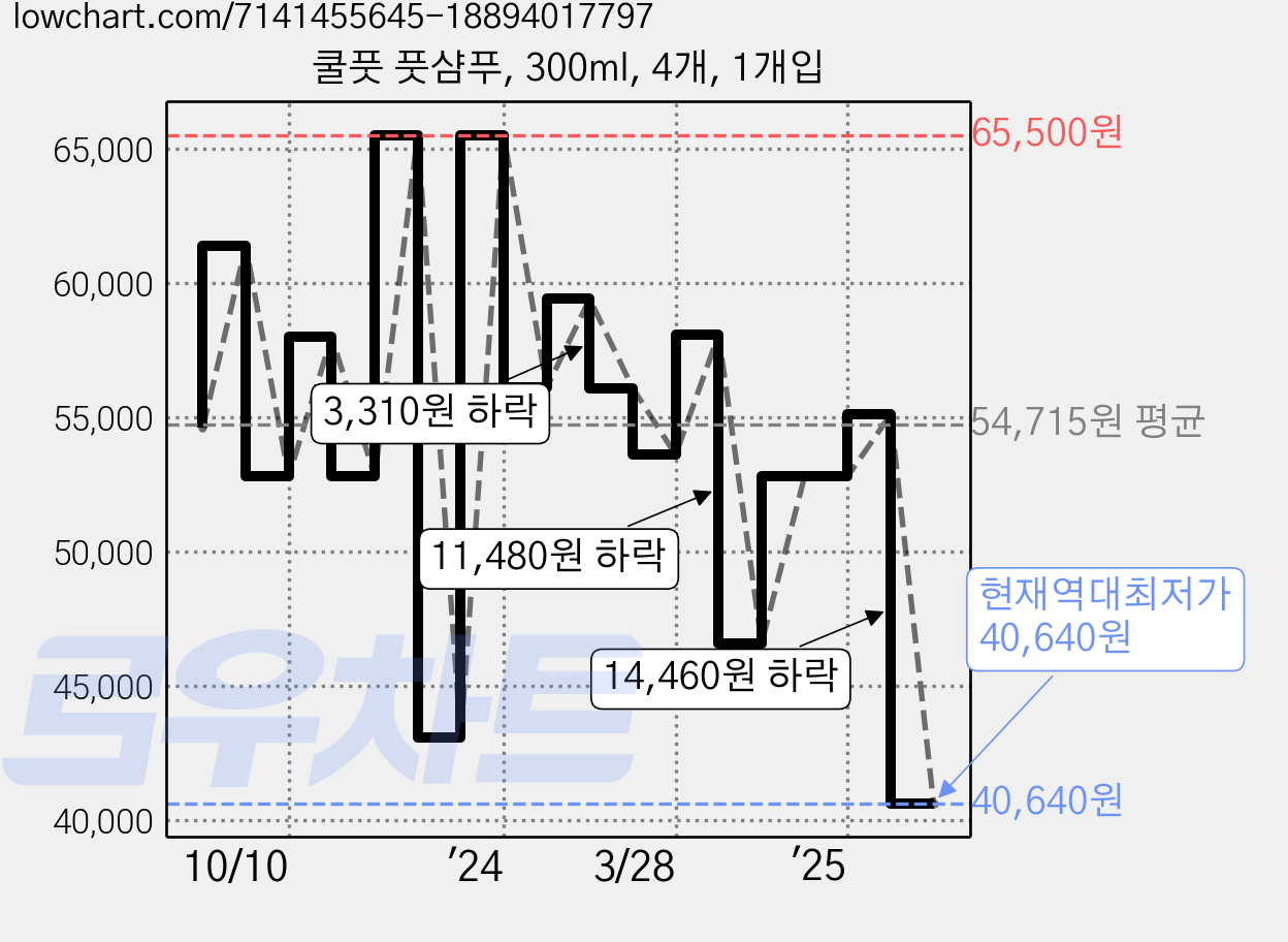 쿨풋 풋샴푸, 300ml, 4개, 1개입 가격 변동 차트, 현재가 40,640원, 역대최저가