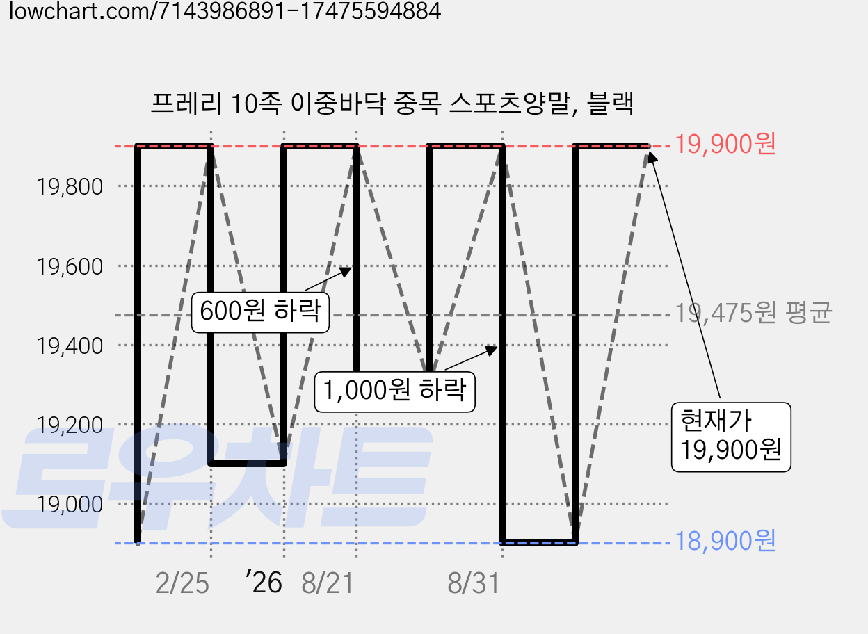 프레리 10족 이중바닥 중목 스포츠양말, 블랙 가격 변동 차트, 현재가 19,900원, 관측 최저가 18,900원