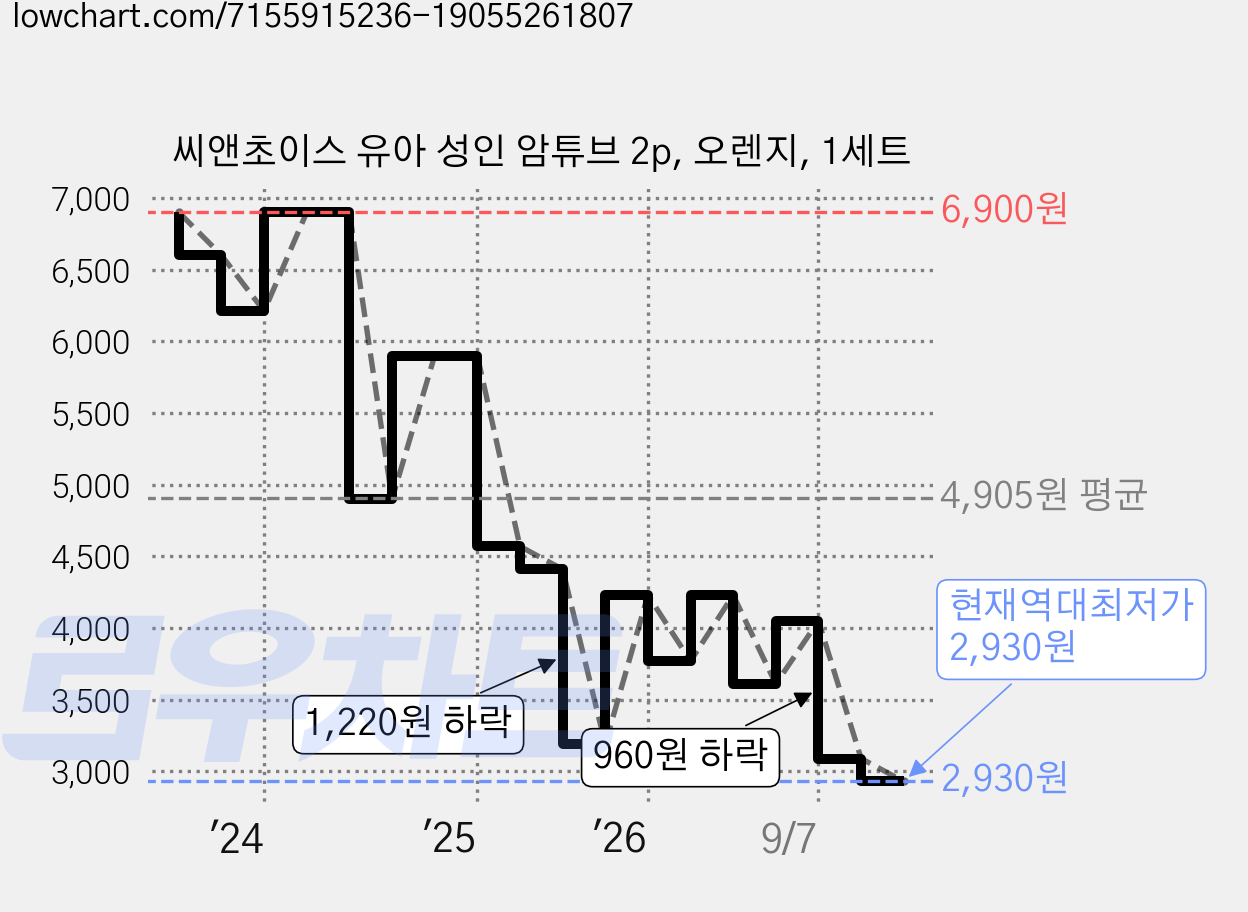 씨앤초이스 유아 성인 암튜브 2p, 오렌지, 1세트 가격 변동 차트, 현재가 2,930원, 역대최저가