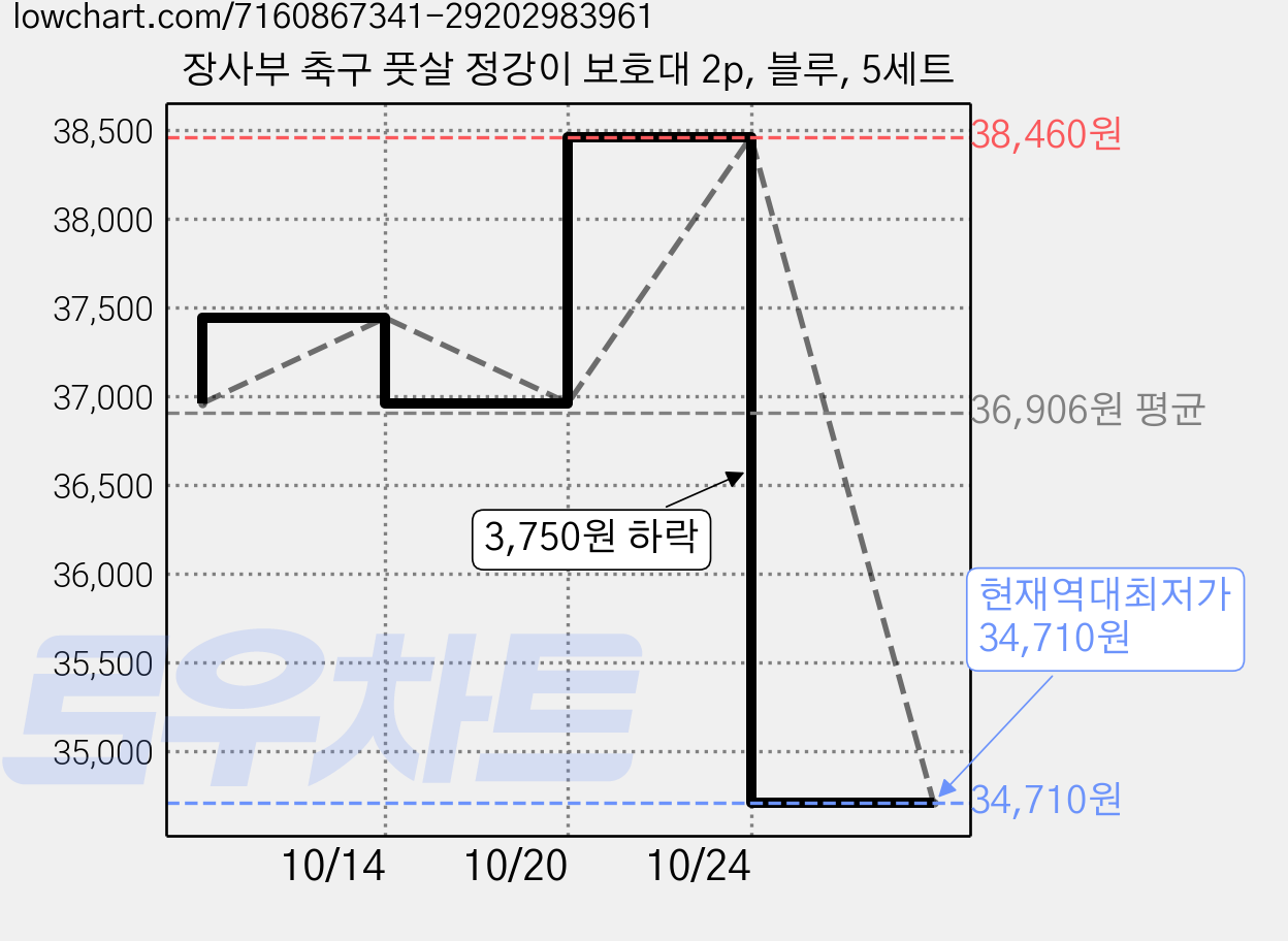 장사부 축구 풋살 정강이 보호대 2p, 블루, 5세트 가격 변동 차트, 현재가 34,710원, 역대최저가