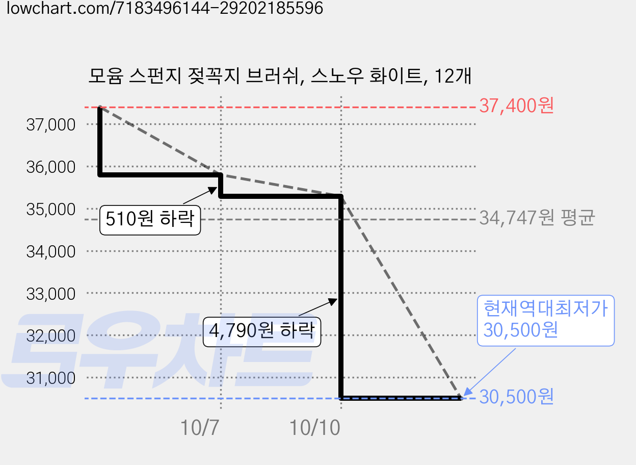 모윰 스펀지 젖꼭지 브러쉬, 스노우 화이트, 12개 가격 변동 차트, 현재가 30,500원, 역대최저가