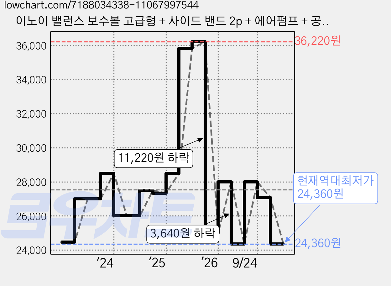 이노이 밸런스 보수볼 고급형 + 사이드 밴드 2p + 에어펌프 + 공기 마개, 블랙 가격 변동 차트, 현재가 24,360원, 역대최저가
