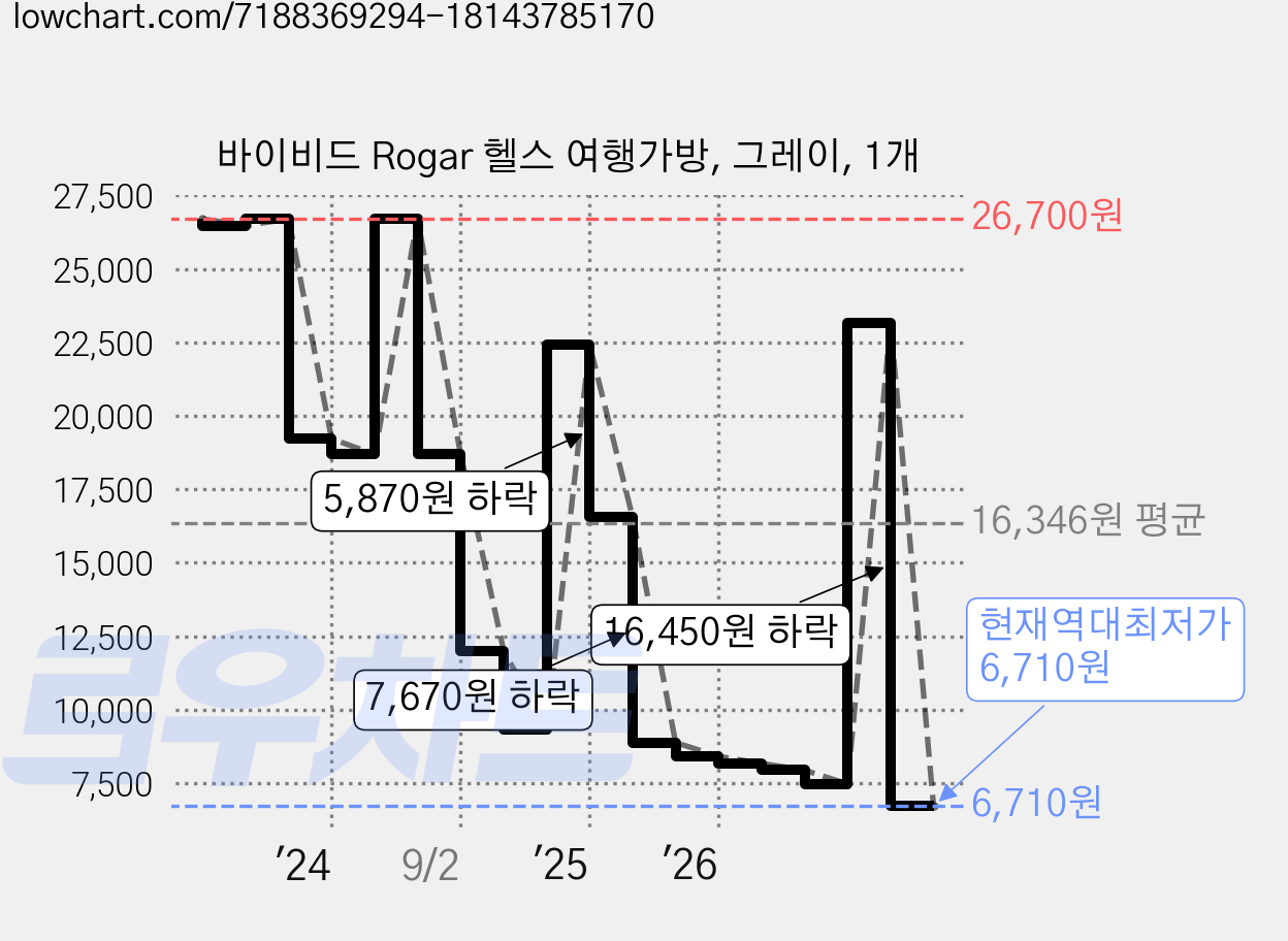 바이비드 Rogar 헬스 여행가방, 그레이, 1개 가격 변동 차트, 현재가 6,710원, 역대최저가