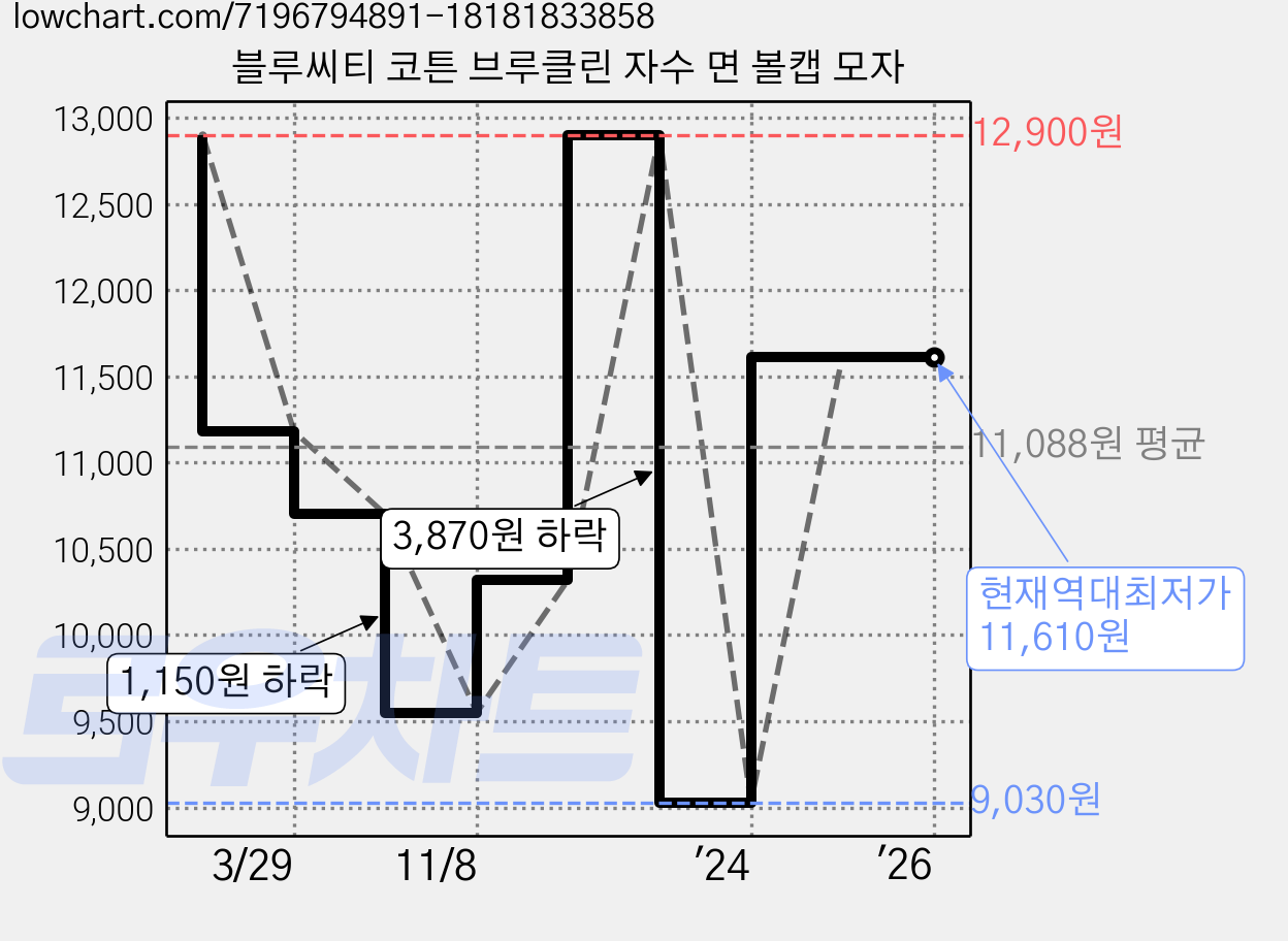 블루씨티 코튼 브루클린 자수 면 볼캡 모자 가격 변동 차트, 현재가 11,610원, 역대최저가