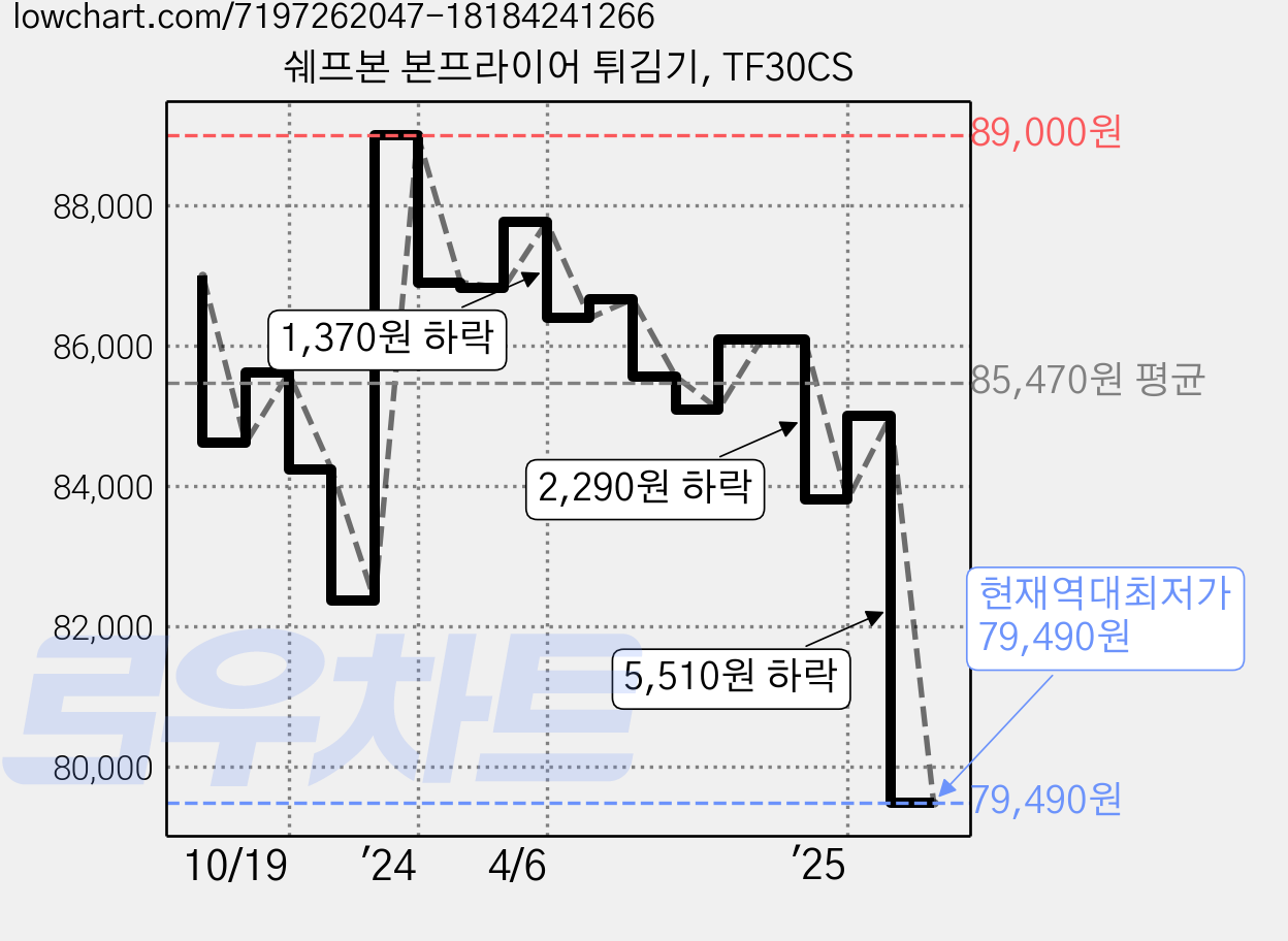 쉐프본 본프라이어 튀김기, TF30CS 가격 변동 차트, 현재가 79,490원, 역대최저가