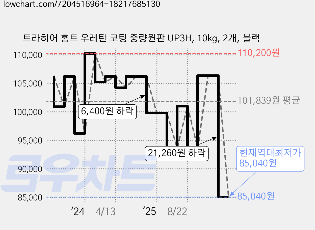 트라히어 홈트 우레탄 코팅 중량원판 UP3H, 10kg, 2개, 블랙 가격 변동 차트, 현재가 85,040원, 역대최저가