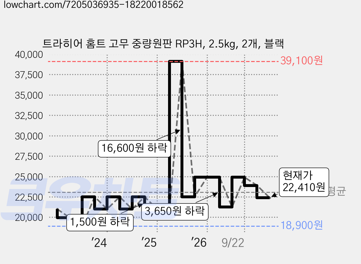 트라히어 홈트 고무 중량원판 RP3H, 2.5kg, 2개, 블랙 가격 변동 차트, 현재가 22,410원, 관측 최저가 18,900원
