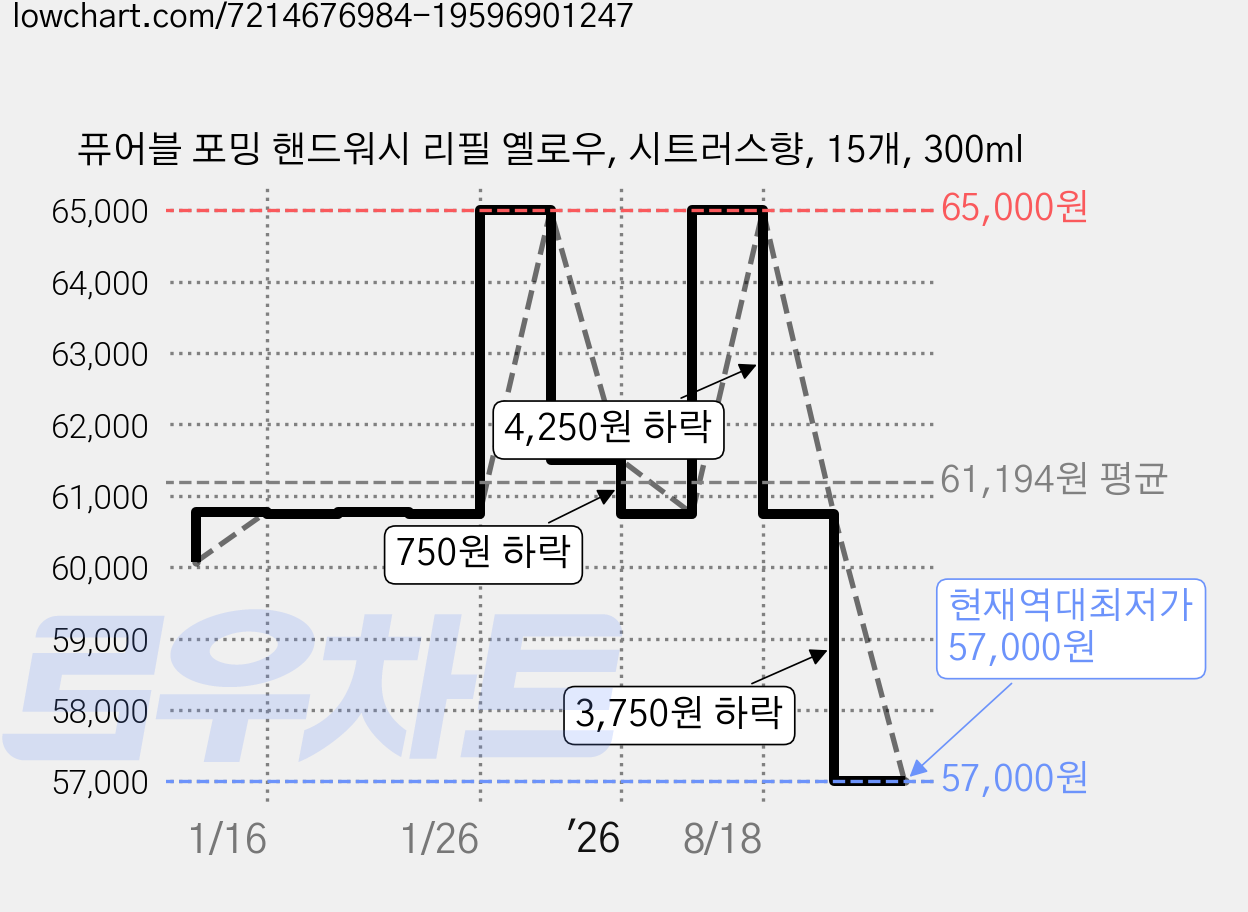 퓨어블 포밍 핸드워시 리필 옐로우, 시트러스향, 15개, 300ml 가격 변동 차트, 현재가 57,000원, 역대최저가