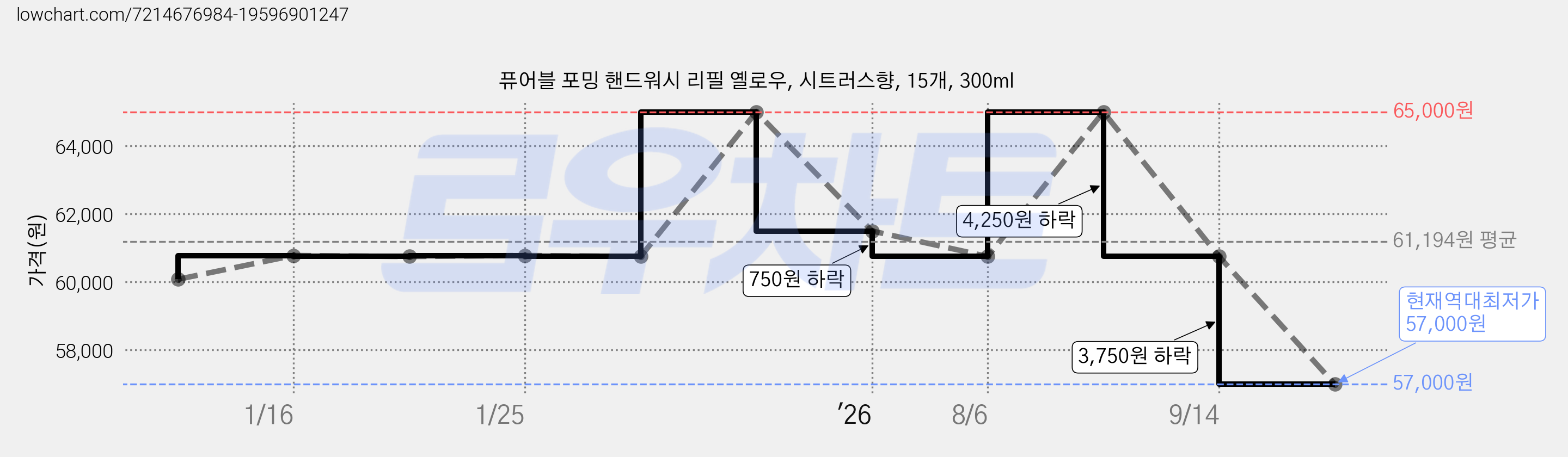 퓨어블 포밍 핸드워시 리필 옐로우, 시트러스향, 15개, 300ml 가격 변동 차트, 현재가 57,000원, 역대최저가