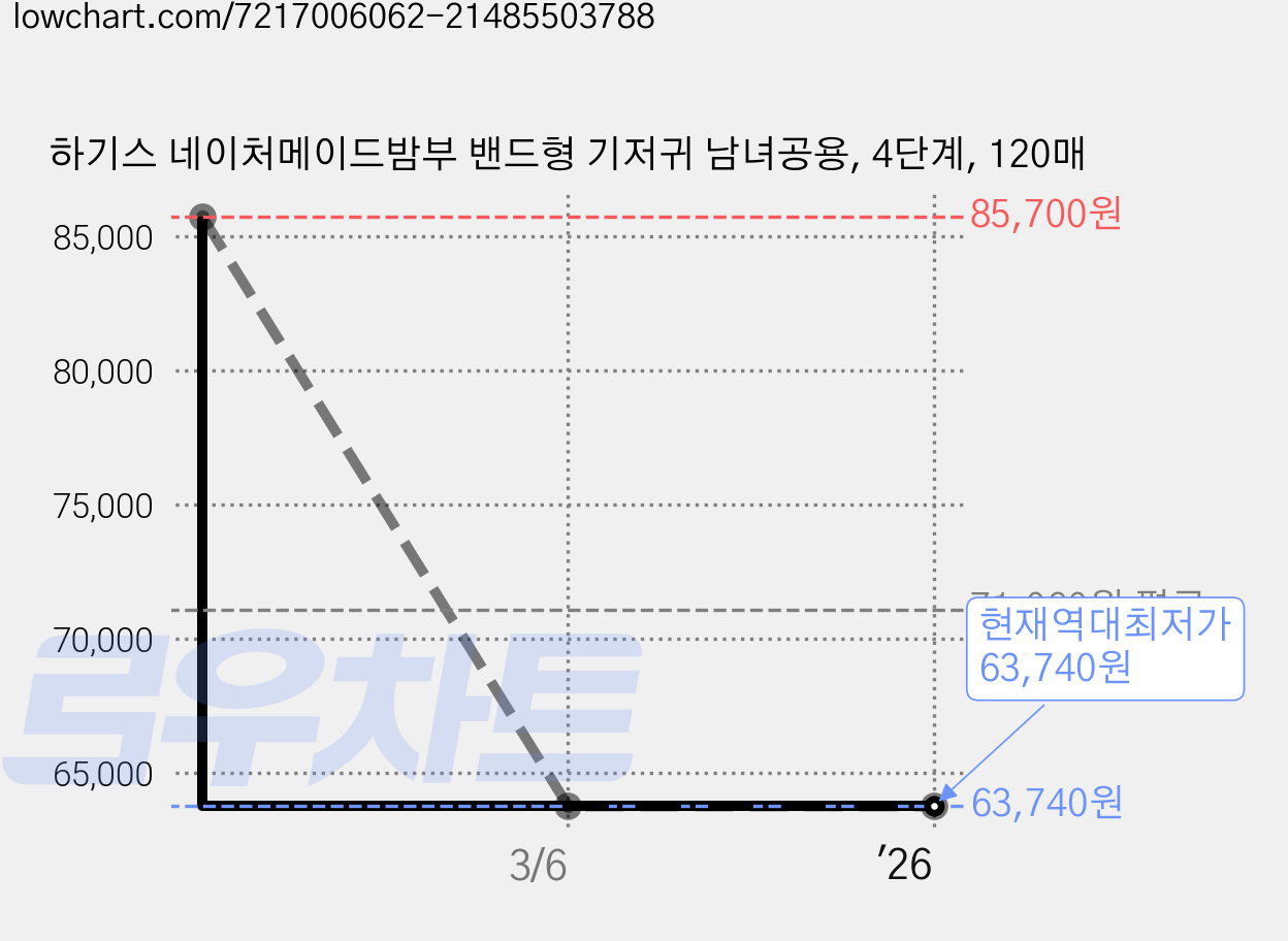 하기스 네이처메이드밤부 밴드형 기저귀 남녀공용, 4단계, 120매 가격 변동 차트, 현재가 63,740원, 역대최저가