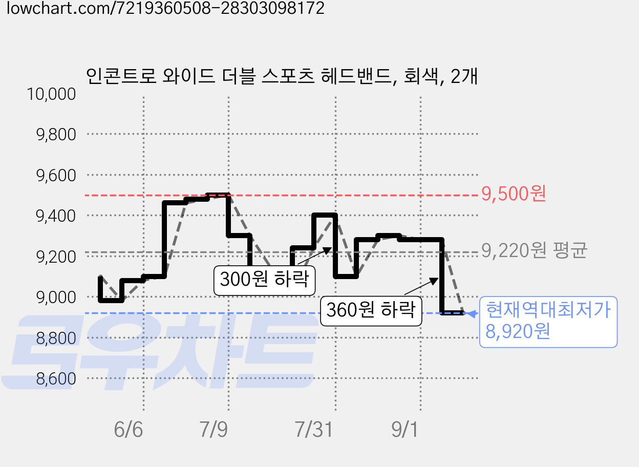 인콘트로 와이드 더블 스포츠 헤드밴드, 회색, 2개 가격 변동 차트, 현재가 8,920원, 역대최저가