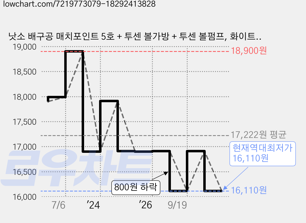 낫소 배구공 매치포인트 5호 + 투센 볼가방 + 투센 볼펌프, 화이트, 1세트 가격 변동 차트, 현재가 16,110원, 역대최저가
