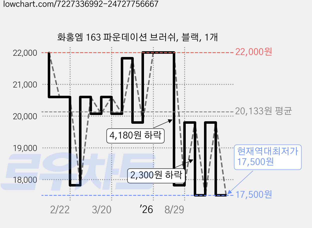 화홍엠 163 파운데이션 브러쉬, 블랙, 1개 가격 변동 차트, 현재가 17,500원, 역대최저가