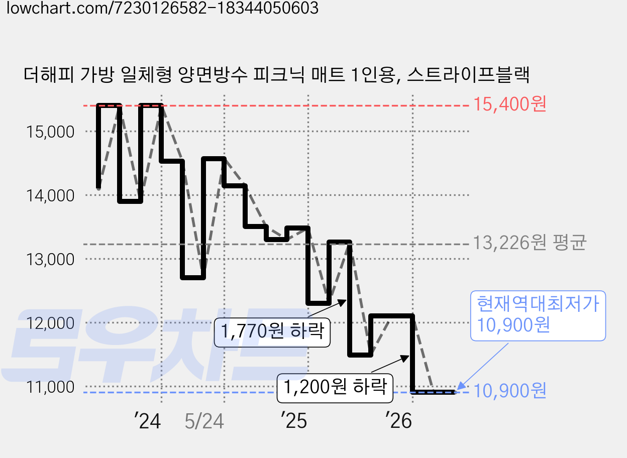 더해피 가방 일체형 양면방수 피크닉 매트 1인용, 스트라이프블랙 가격 변동 차트, 현재가 10,900원, 역대최저가
