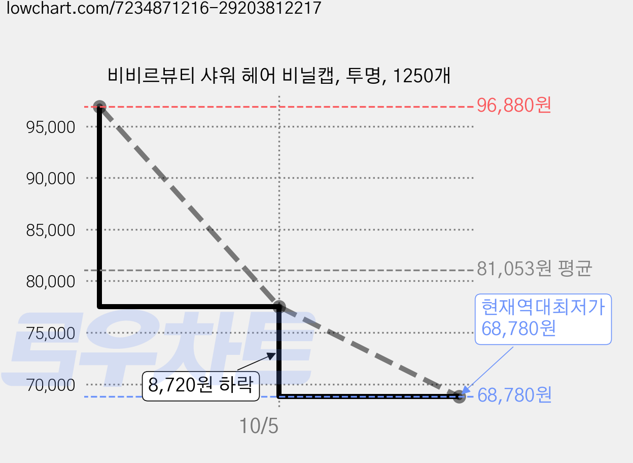 비비르뷰티 샤워 헤어 비닐캡, 투명, 1250개 가격 변동 차트, 현재가 68,780원, 역대최저가