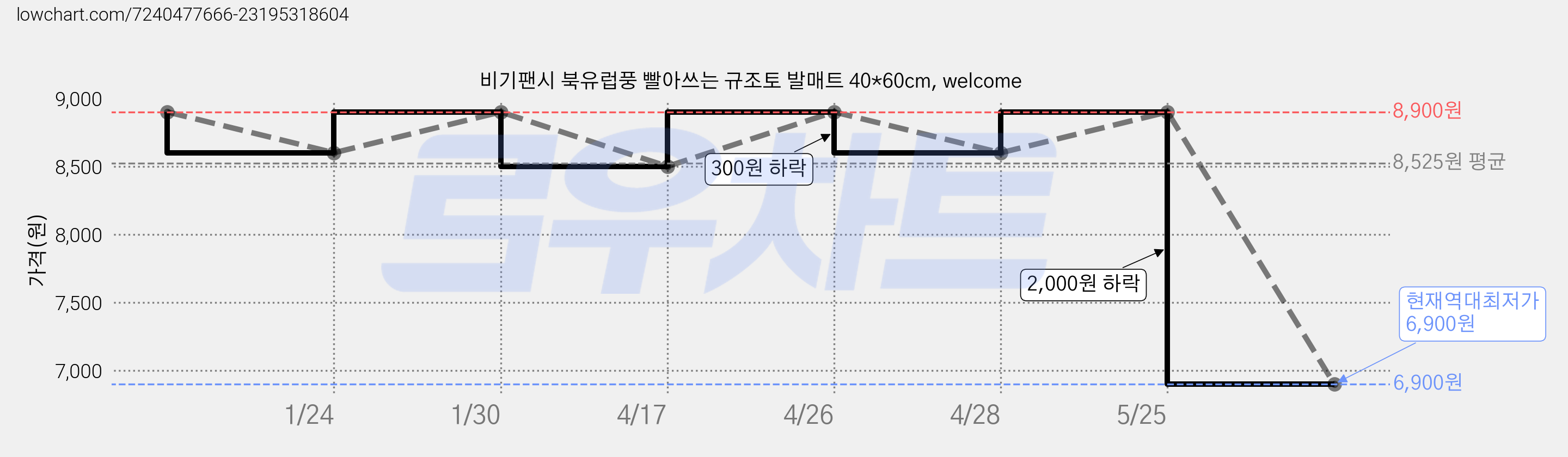 비기팬시 북유럽풍 빨아쓰는 규조토 발매트 40*60cm, welcome 가격 변동 차트, 현재가 6,900원, 역대최저가