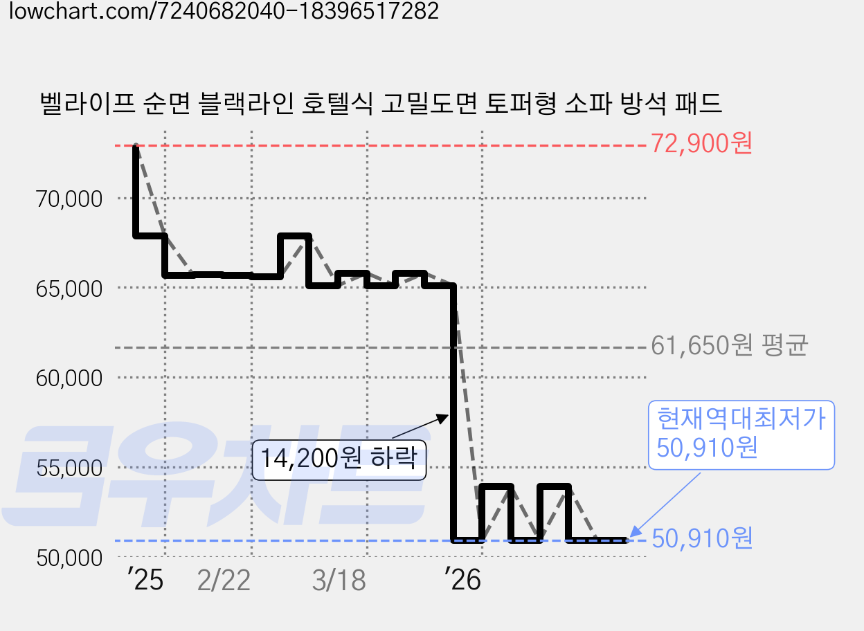 벨라이프 순면 블랙라인 호텔식 고밀도면 토퍼형 소파 방석 패드 가격 변동 차트, 현재가 50,910원, 역대최저가