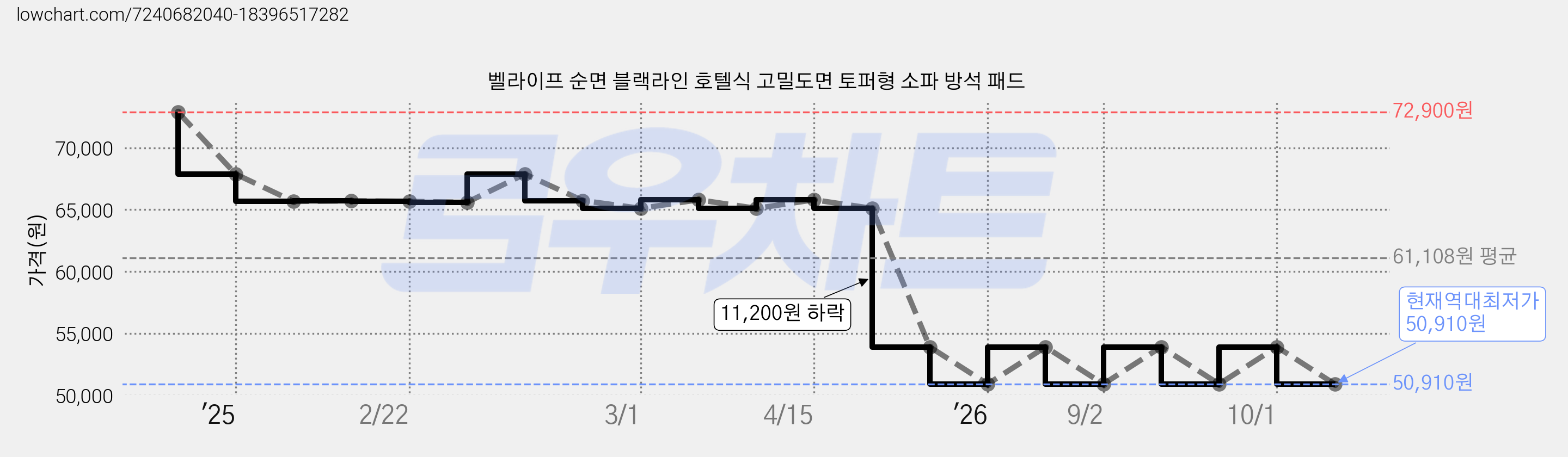 벨라이프 순면 블랙라인 호텔식 고밀도면 토퍼형 소파 방석 패드 가격 변동 차트, 현재가 50,910원, 역대최저가