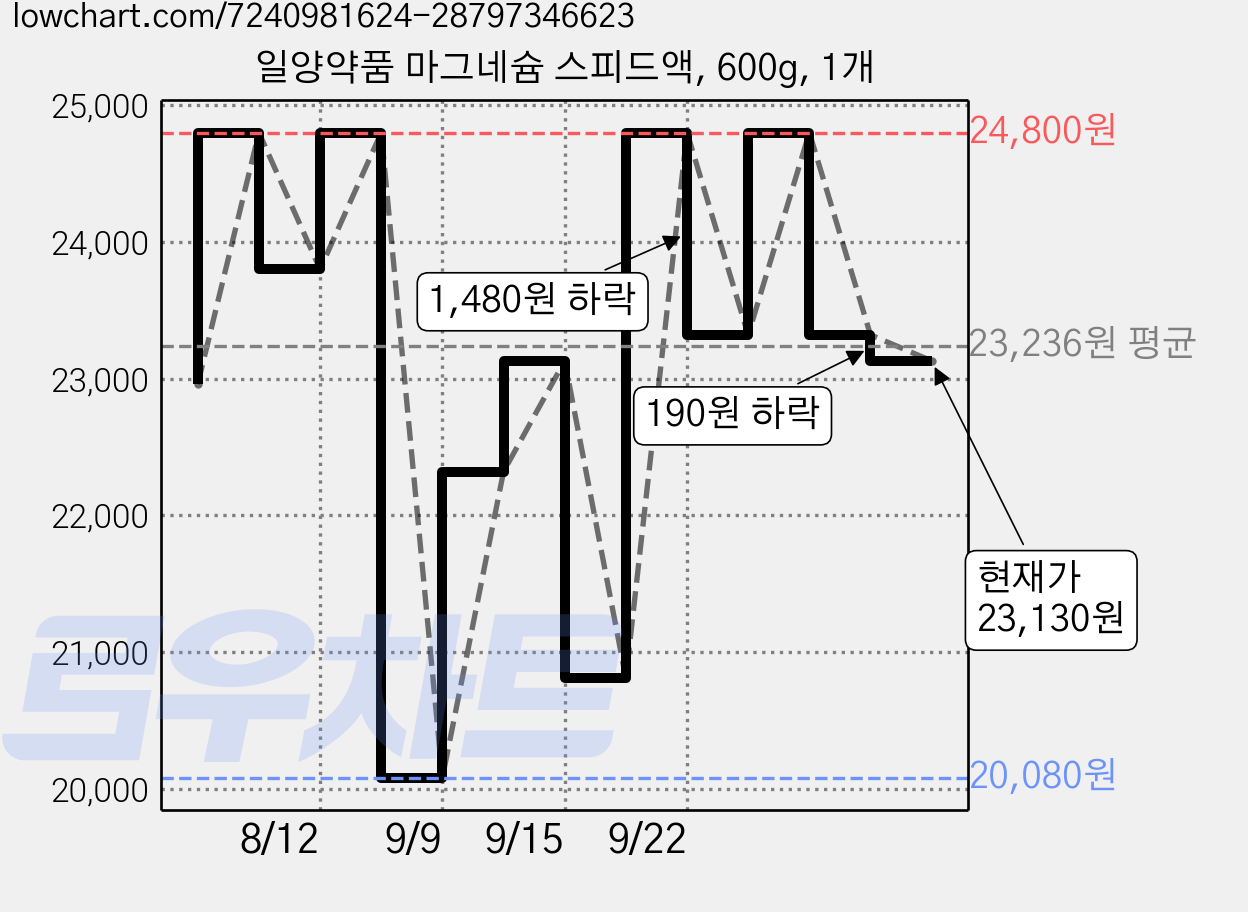 일양약품 마그네슘 스피드액, 600g, 1개 가격 변동 차트, 현재가 20,810원, 관측 최저가 20,080원