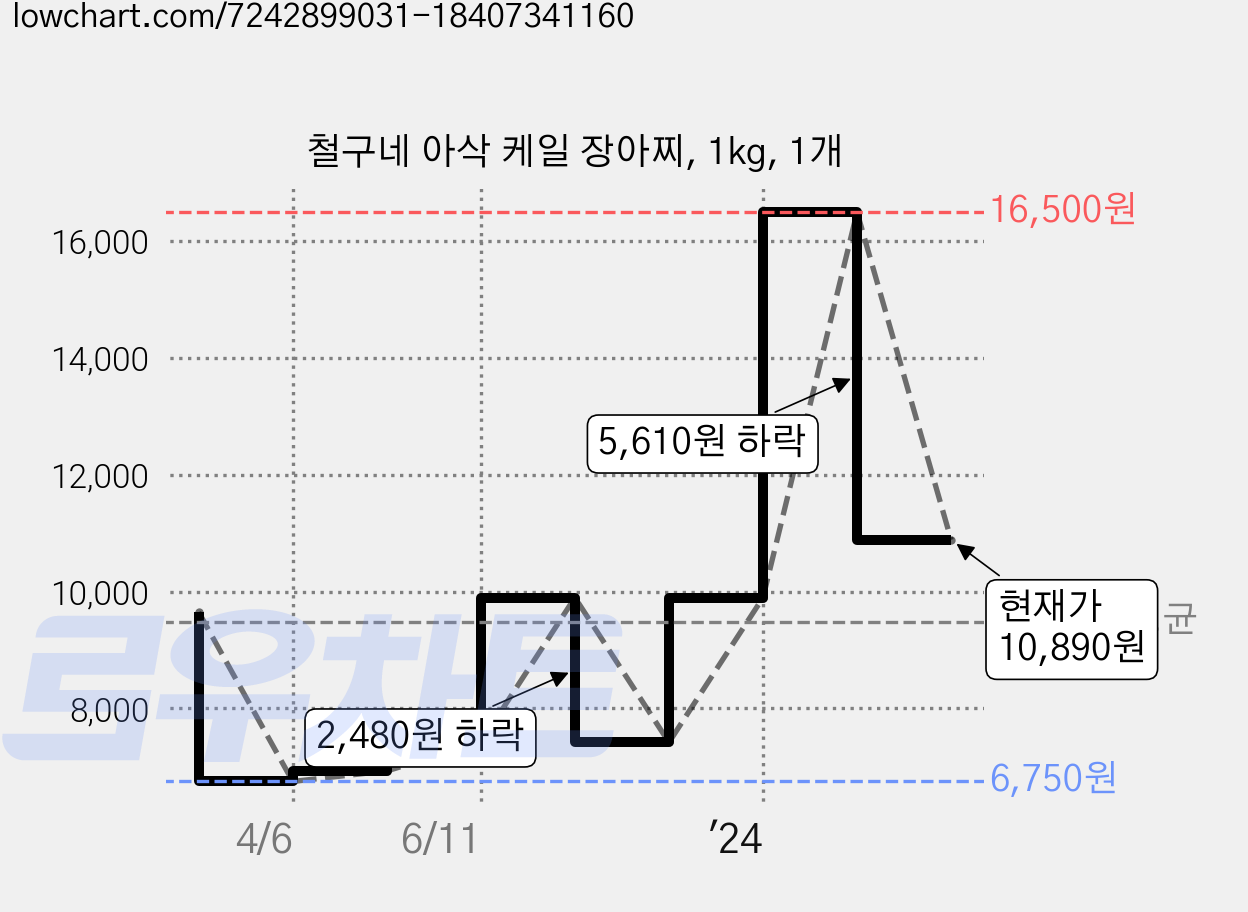 철구네 아삭 케일 장아찌, 1kg, 1개 가격 변동 차트, 현재가 10,890원, 관측 최저가 6,750원