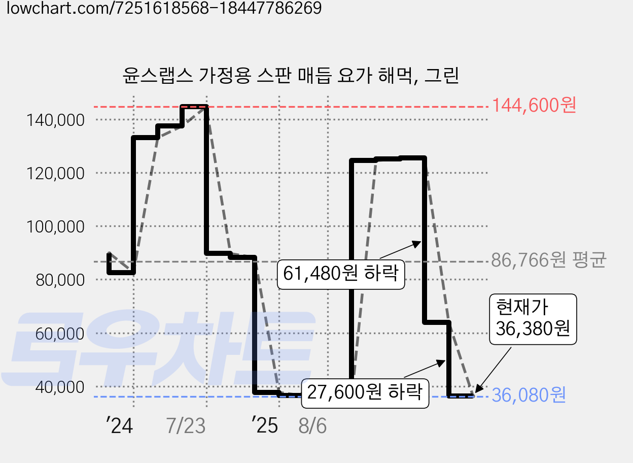 윤스랩스 가정용 스판 매듭 요가 해먹, 그린 가격 변동 차트, 현재가 36,380원, 관측 최저가 36,080원