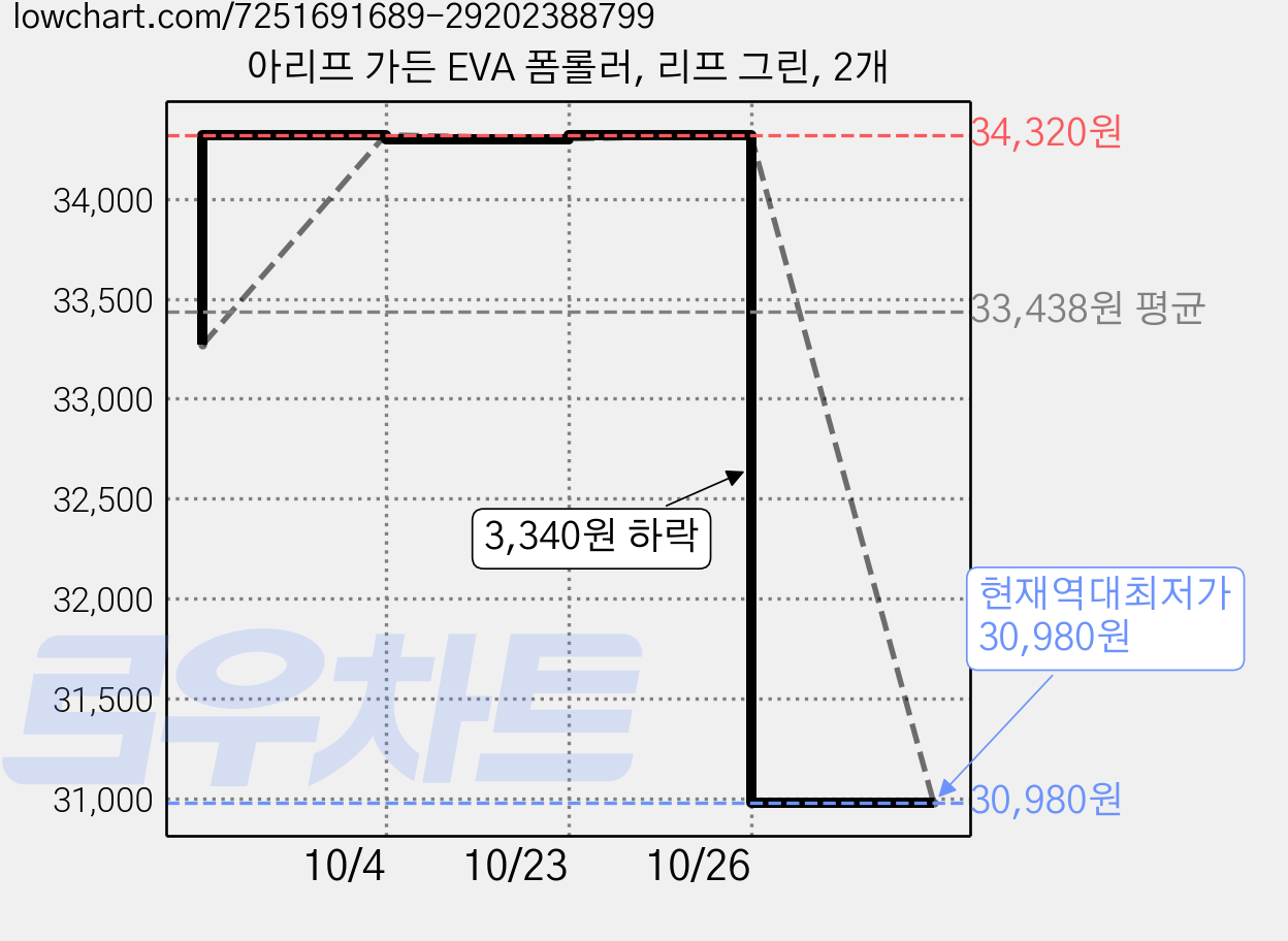 아리프 가든 EVA 폼롤러, 리프 그린, 2개 가격 변동 차트, 현재가 30,980원, 역대최저가