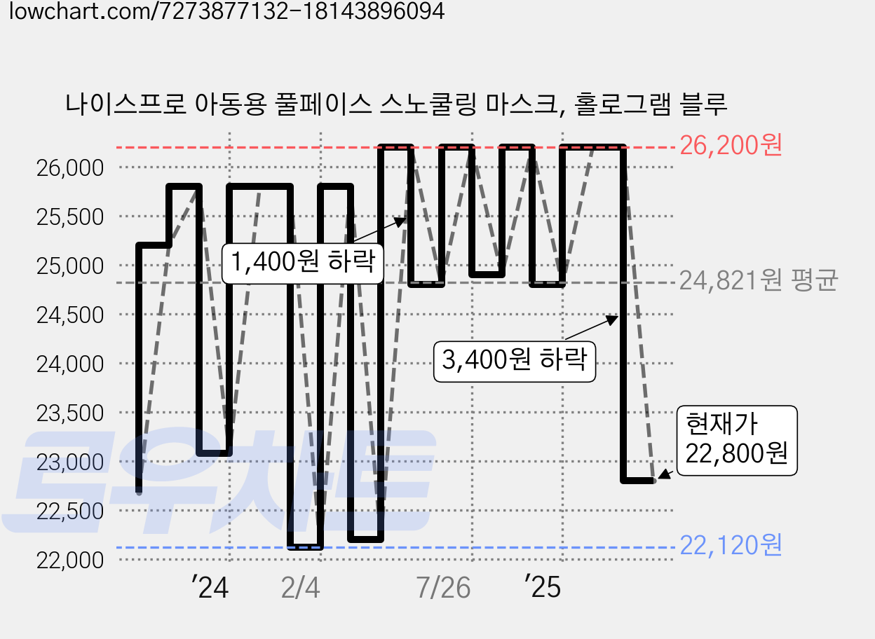 나이스프로 아동용 풀페이스 스노쿨링 마스크, 홀로그램 블루 가격 변동 차트, 현재가 22,800원, 관측 최저가 21,900원